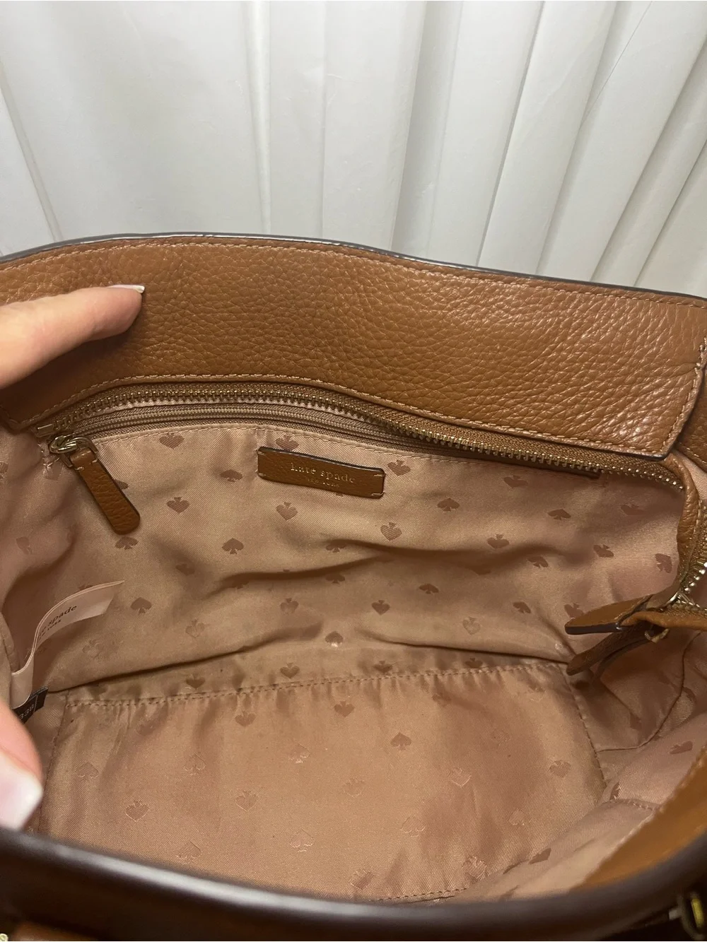 kate spade Tan Pebbled Leather Satchel with Gold Logo